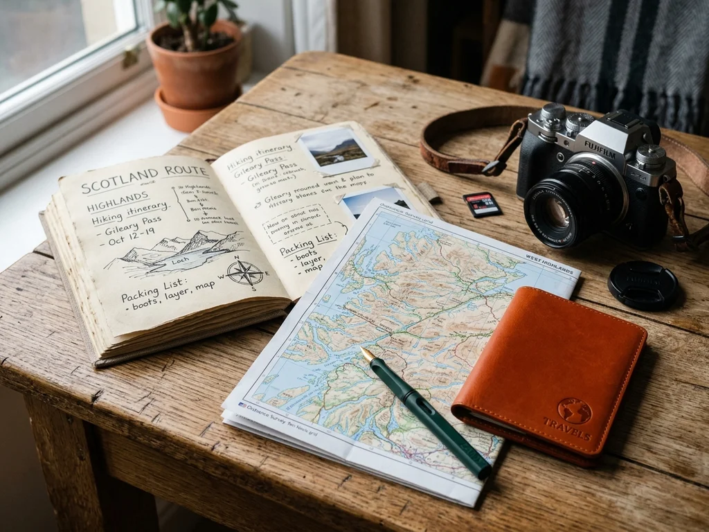 Carnet de voyage ouvert et carte sur une table en bois pour préparer votre prochain départ.