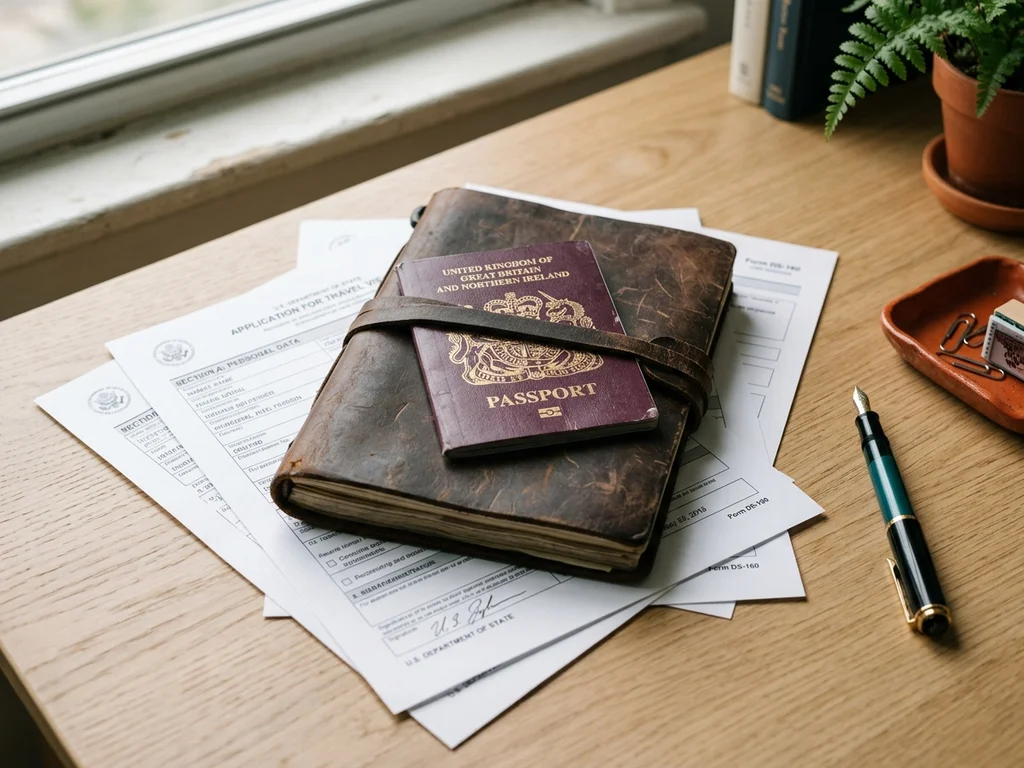 Passeport, carnet de voyage et documents administratifs organisés sur un bureau en bois clair.