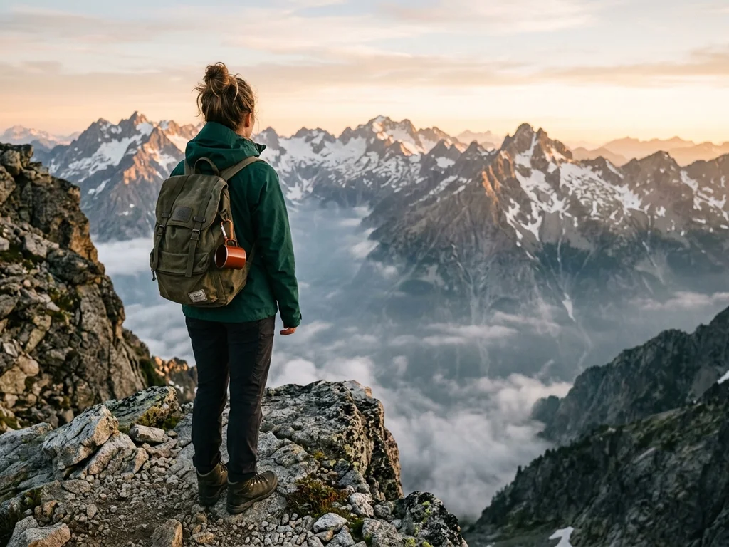 Voyageuse en veste vert sombre admirant un lever de soleil sur les sommets montagneux.